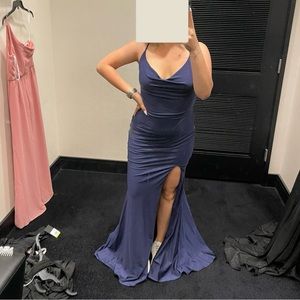 La Femme Jersey Column Gown in Navy